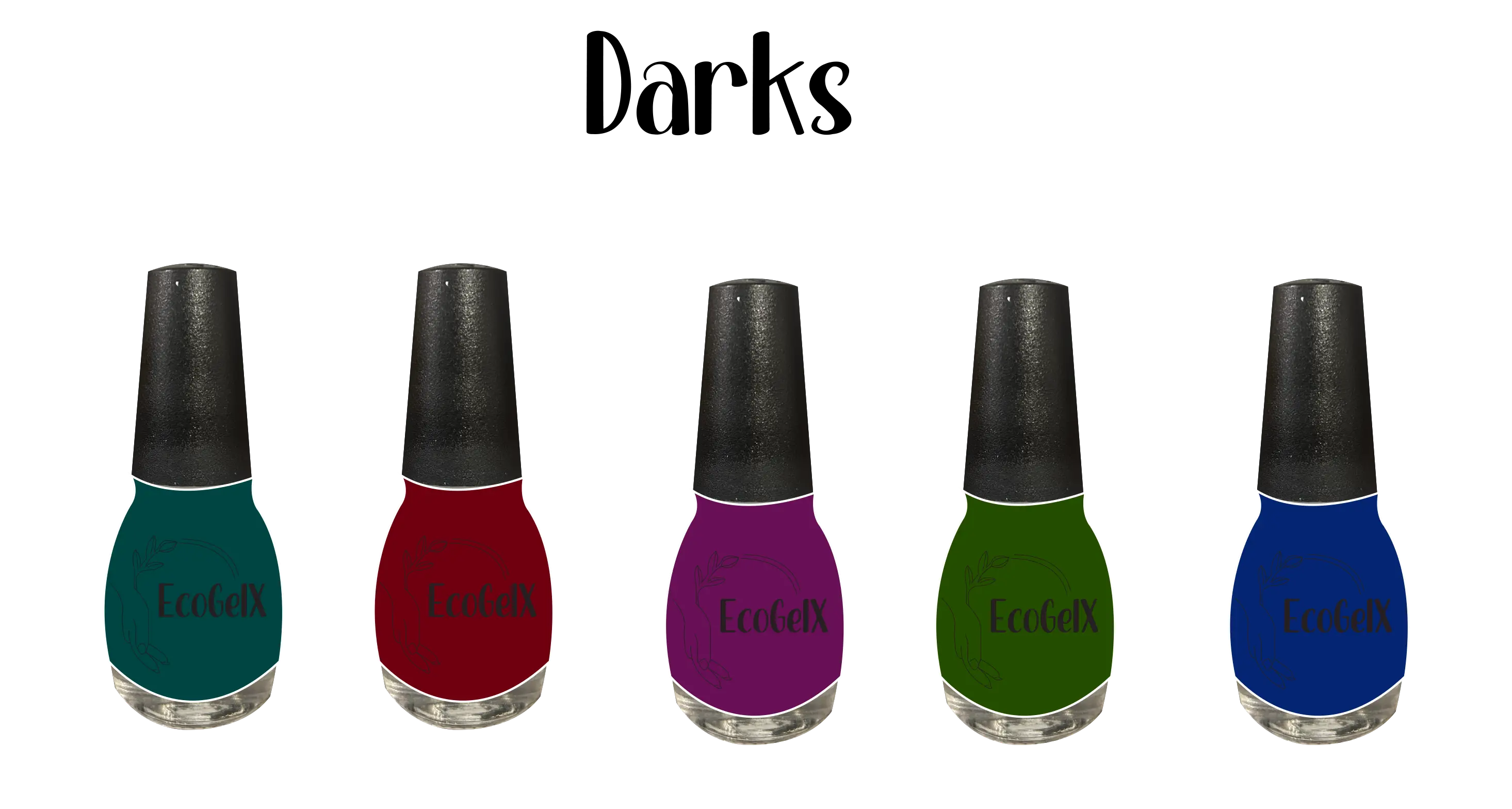 assorted dark shades collection of EcoGelX long-lasting gel polishes