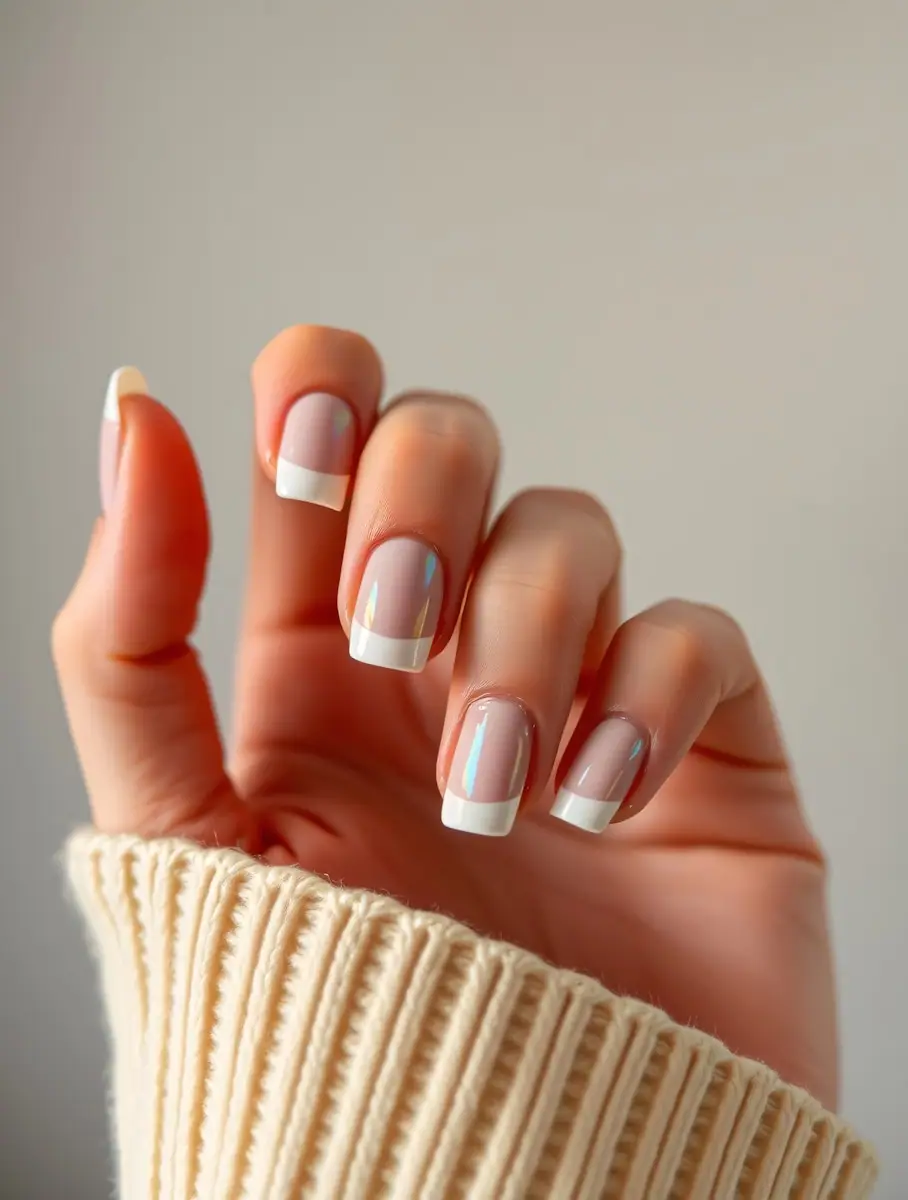 Close-up imagw of elegant nude French tip nails with a glossy finish