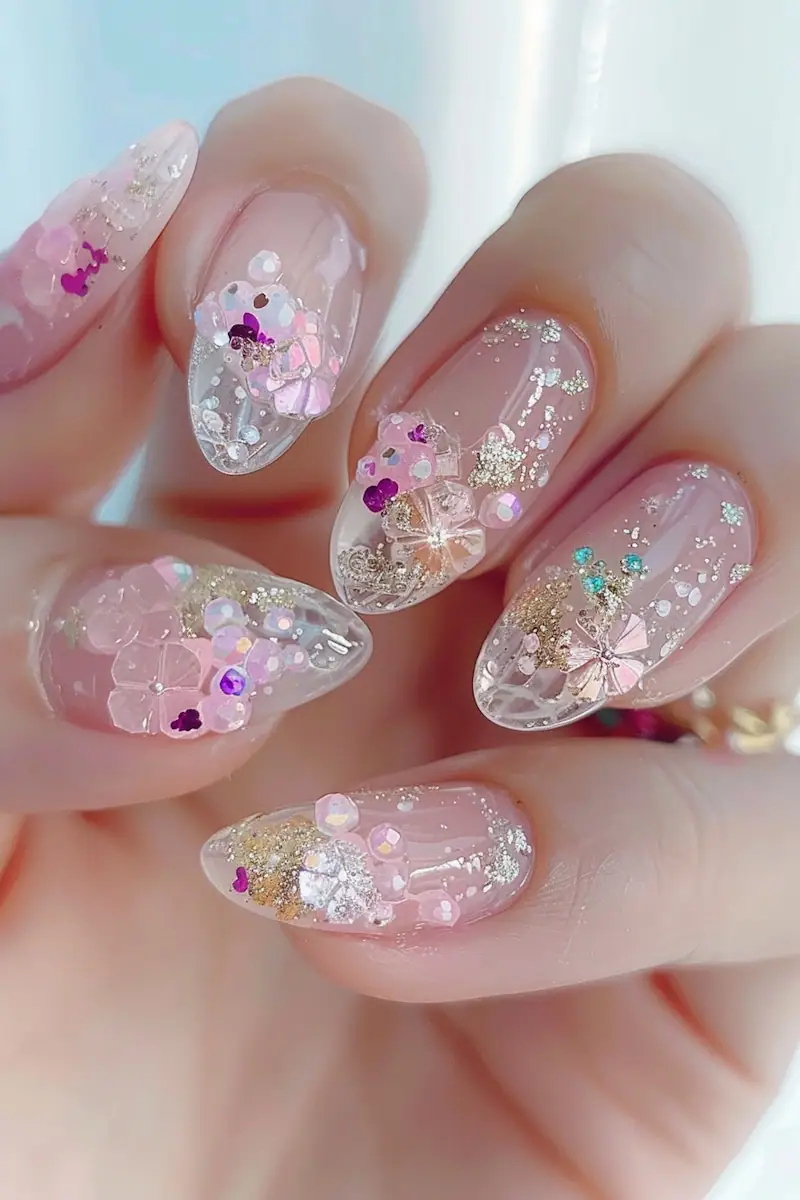 nail art  manicure featuring pink flowers, iridescent glitter, and 3D crystal gems with purple accents on almond-shaped nails