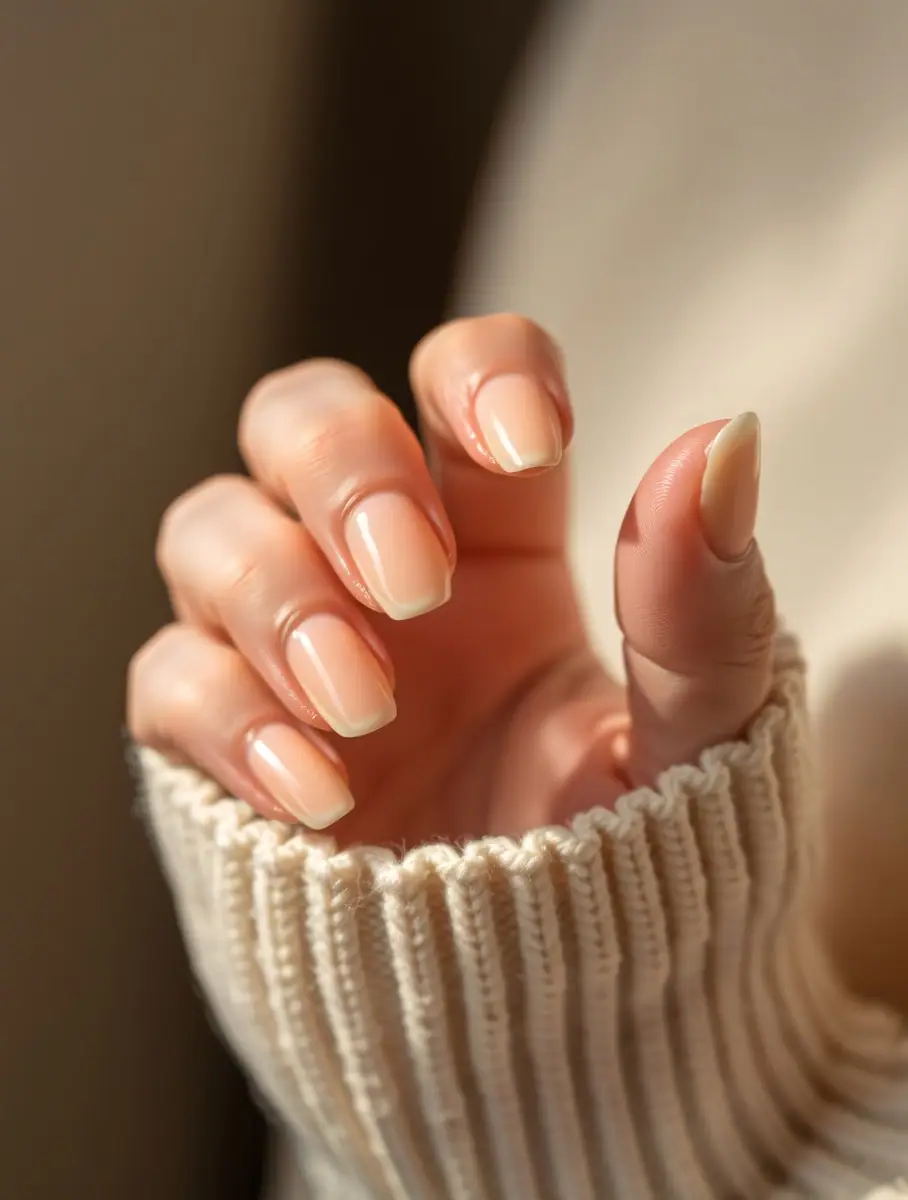 French manicure with transparent nude base and white tips in a squared oval shape, photgraphed in soft lighting