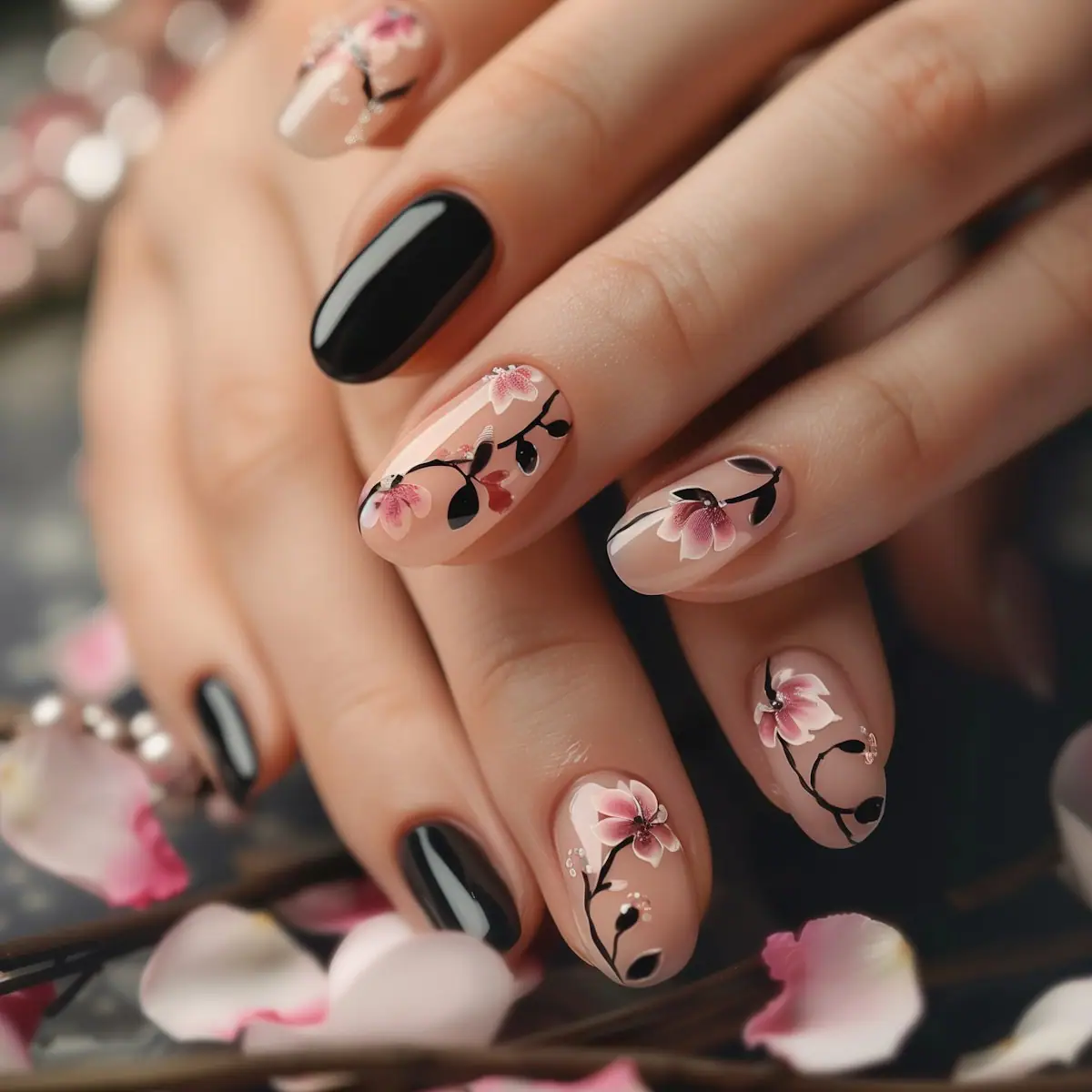 cherry blossom nail design manicure with nude base, black accents, and detailed pink flowers on oval nails, alternating with glossy black polish