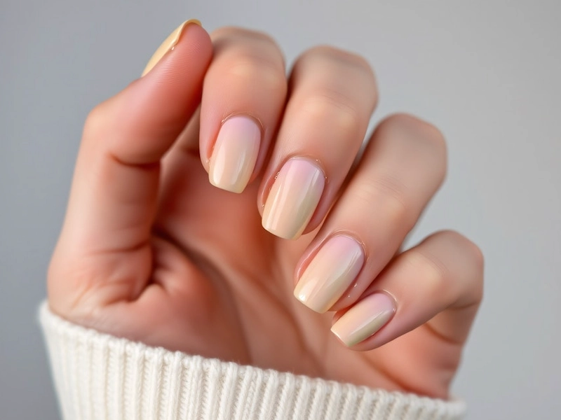 soft and elegant yellow to pink ombre manicure against grey background