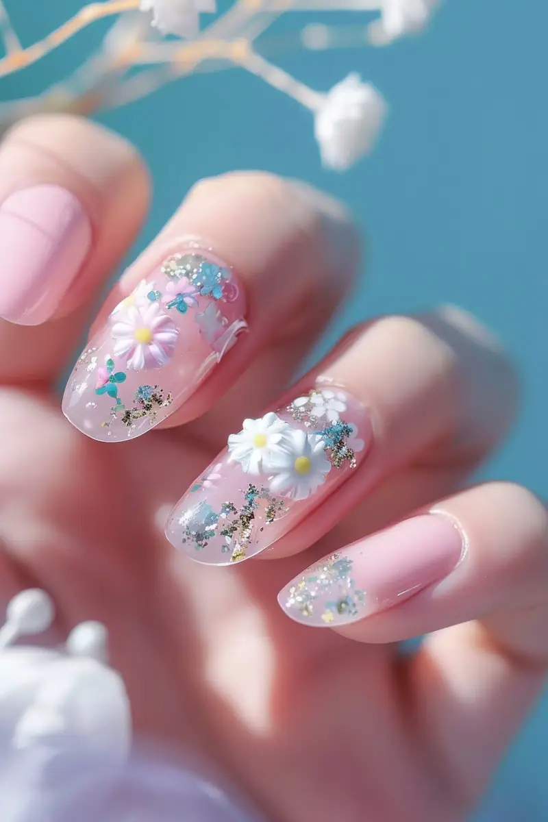 pastel pink nail art manicure with 3D white daisy flowers, turquoise accents, and gold glitter details on almond-shaped nails against a blue background